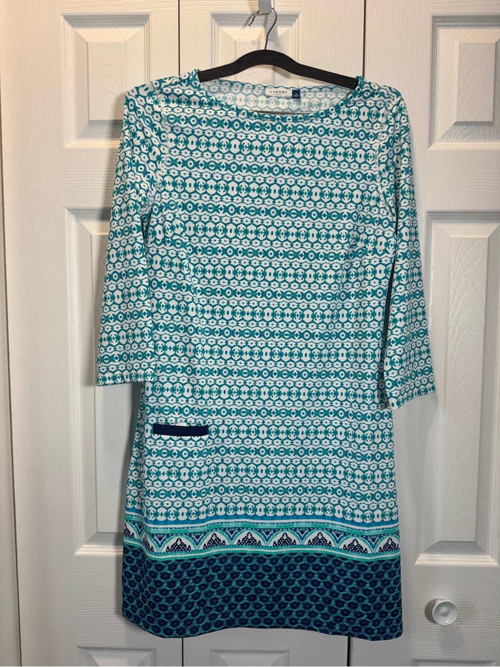 Cabana Life Teal and White Geometric Midi Dress with Hem Border